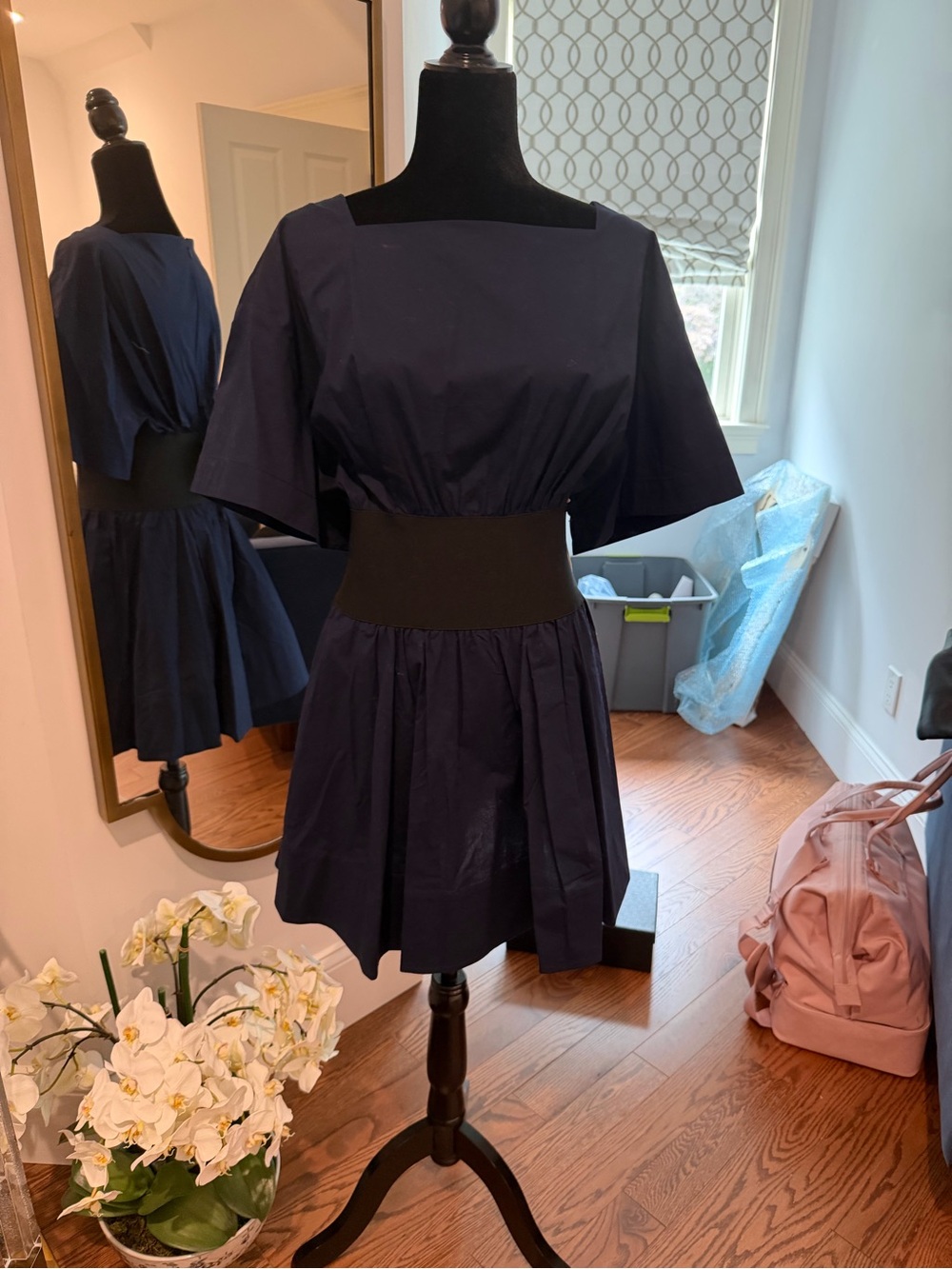 STAUD Navy Square-Neck Fit & Flare Mini Dress